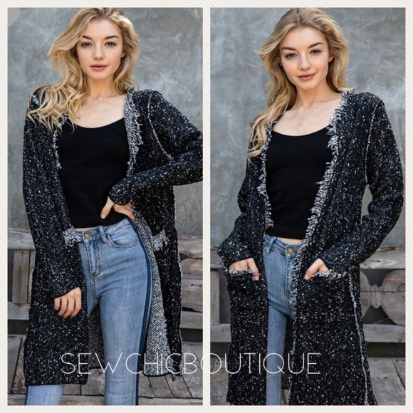 Black Fringe Accent Longline Tweed Cardigan - Picture 1 of 7